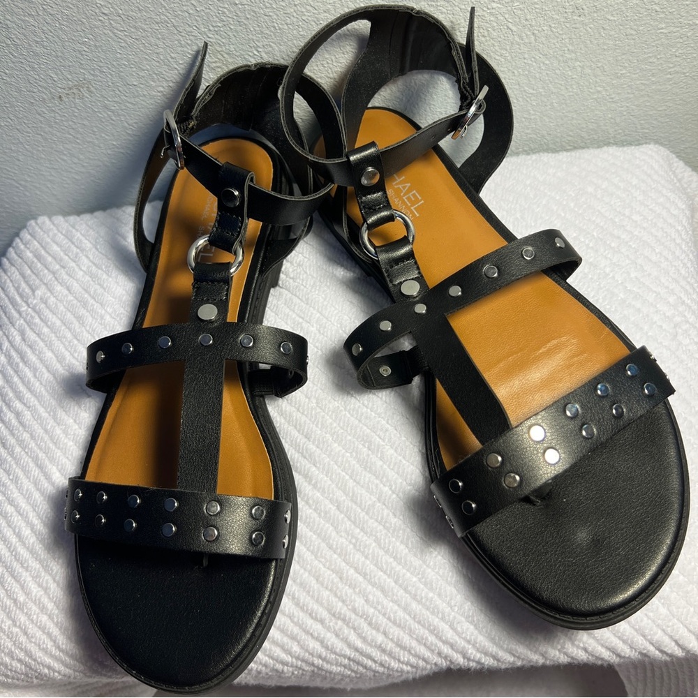 Michael by Michael Shannon Black Gladiator Flat Sandals Silver Studs NWOT 8M